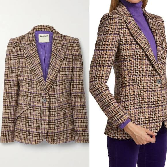 L'Agence NWT Tweed Wool Blend Houndstooth Blazer Tan Sz 4 Office Business Casual - Picture 1 of 9